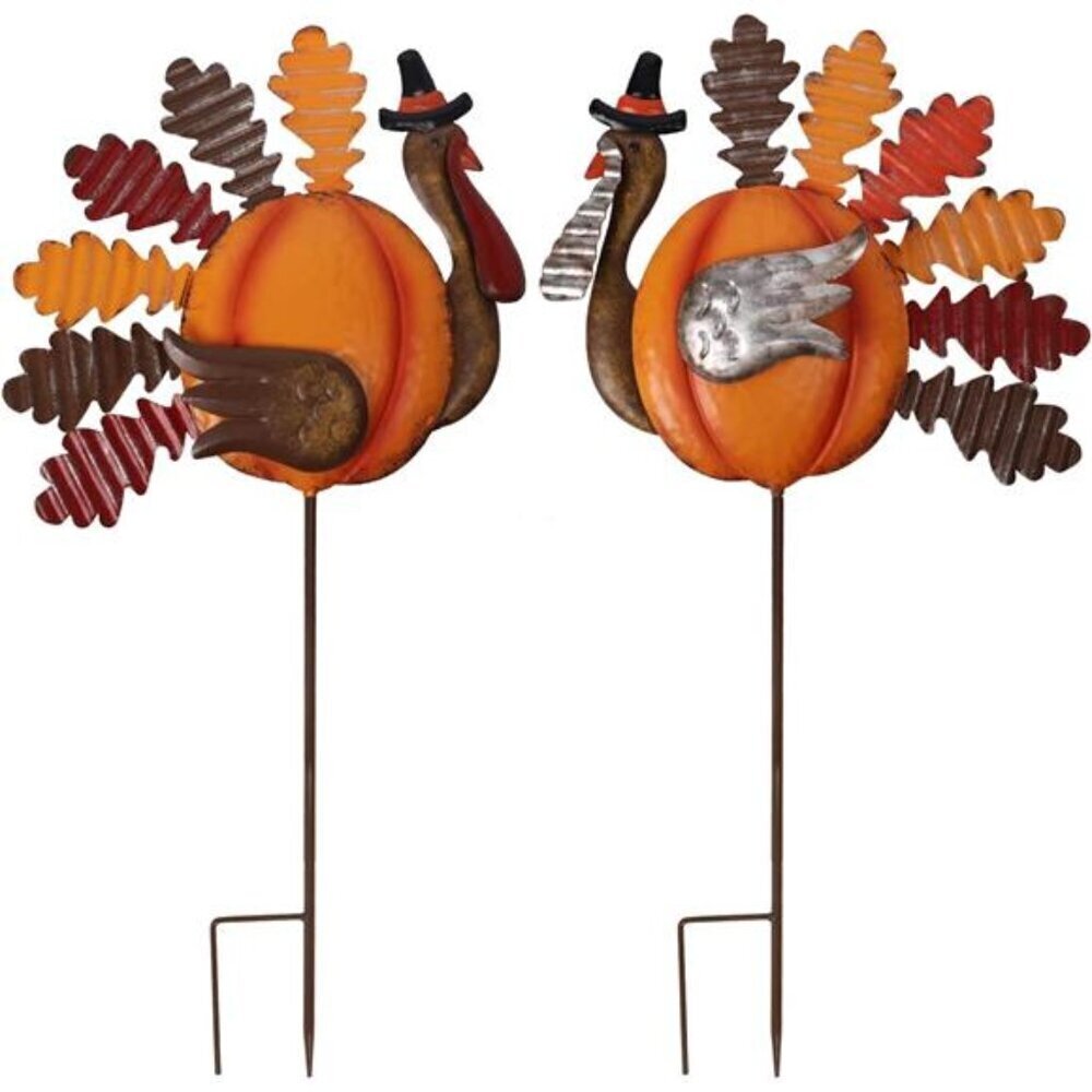 Metal Turkey Yard Stakes Set of 2 Fall Decor 31in